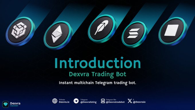 A promotional graphic for 'Dexvra Trading Bot' with cryptocurrency icons, advertising an 'Instant multichain Telegram trading bot' along with their website and social handles.