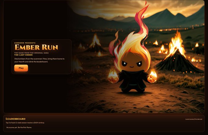 A game interface titled 'Ember Run - The Last Ember' featuring a cartoonish flame-headed character holding fire, set against a dark landscape with burning piles and a 'Leaderboard' section below.