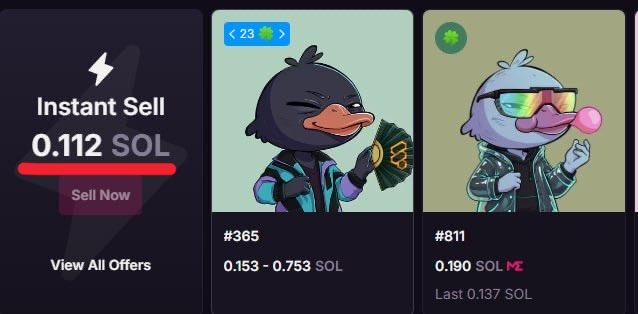 A digital marketplace interface showing 'Instant Sell 0.112 SOL' with a 'Sell Now' button, featuring NFT character cards labeled #365 (0.153 - 0.753 SOL) and #811 (0.190 SOL, Last: 0.137 SOL).