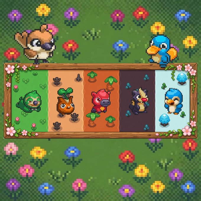 A pixel art game scene featuring cute animal sprites arranged in a wooden frame on a grassy background scattered with colorful flowers.