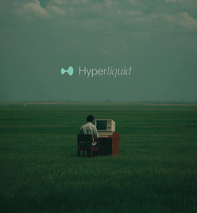 The image shows a man sitting at a desk with an old computer monitor, likely a CRT monitor, placed on top of his lap. The setting appears to be a field or pasture, giving off a sense of tranquility and relaxation. The background features a cloudy sky, adding to the peaceful atmosphere. The post seems to be promoting a new cryptocurrency called Perps powered by Hyperliquid Phantom Metamask Rabby Nansen Near Protocol Opensea (soon) Ledger TrueNorth Trust Wallet Rainbow OneKey Insilico and more...