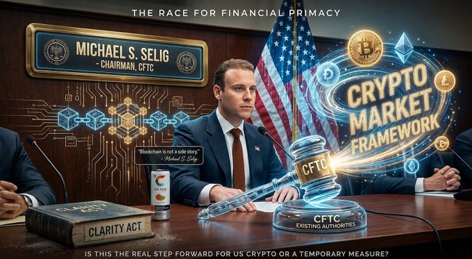 A promotional graphic featuring Michael S. Selig, Chairman of CFTC, with text about 'THE RACE FOR FINANCIAL PRIMACY' and 'CRYPTO MARKET FRAMEWORK', referencing the CLARITY Act and CFTC existing authorities.