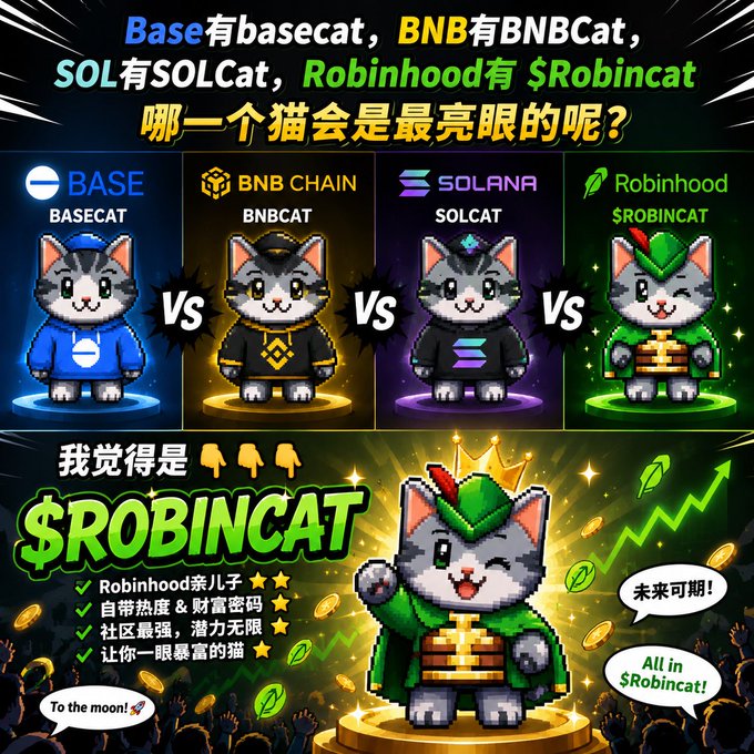 A colorful meme-style image comparing four cat-themed cryptocurrency mascots (BASECAT, BNBCAT, SOLCAT, and $ROBINCAT), arguing that $ROBINCAT is the brightest cat with green pixel art and upward trending arrows.