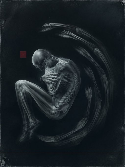 A dark, x-ray style image showing a curled, skeletal human figure in a fetal position surrounded by detached bones, with a small red square in the upper left.
