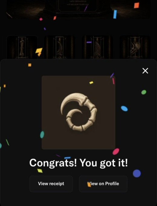 A digital gacha-style reward screen with confetti showing 'Congrats! You got it!' for a skeletal curved item, with options to 'View receipt' or 'View on Profile'.