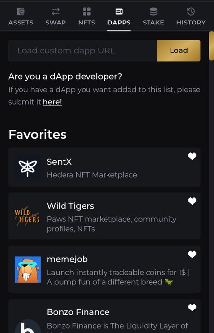 The image shows a cell phone screen with an app store page displaying several apps, including "Wild Tigers" and "Memento Job". The user interface also includes a list of favorites at the bottom of the screen. The post suggests that the user might be interested in unfavoring or revoking certain apps from their hashpack Dapps to keep them on top of the list.