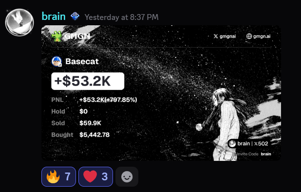 Discord message from user 'brain' sharing a GMGN trading screenshot showing a profit of +$53.2K with a 797.85% gain on a token called 'Basecat', plus reactions and a referral code.
