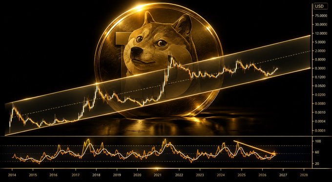 A golden Dogecoin coin stands upright with an upward-trending line chart passing through it, accompanied by an RSI graph at the bottom and a USD price scale on the right.