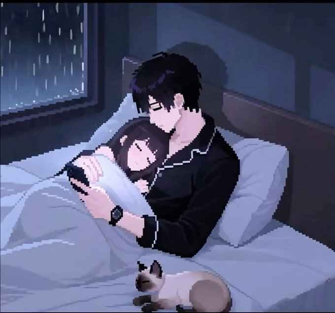 A pixel art scene depicting a man in pajamas holding a child in bed while looking at a phone, with a cat sleeping nearby and rain falling outside the window.