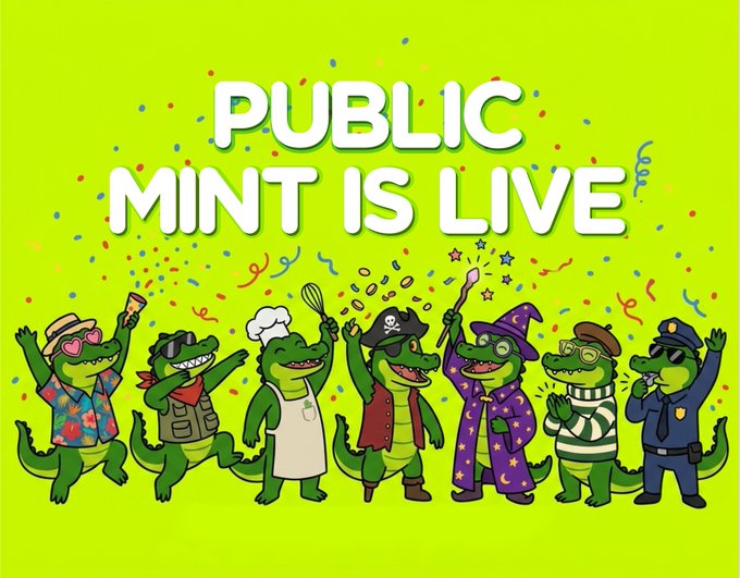 A vibrant green promotional banner announces "PUBLIC MINT IS LIVE" in bold white text, featuring seven cartoon crocodiles dressed in various costumes—including a chef, pirate, wizard, burglar, and hipster—celebrating amid colorful confetti. The image aligns with the post's announcement that the public minting window for the Chomp crocodile NFT collection is now open on OpenSea for 24 hours before remaining supply is handled by the team wallet.