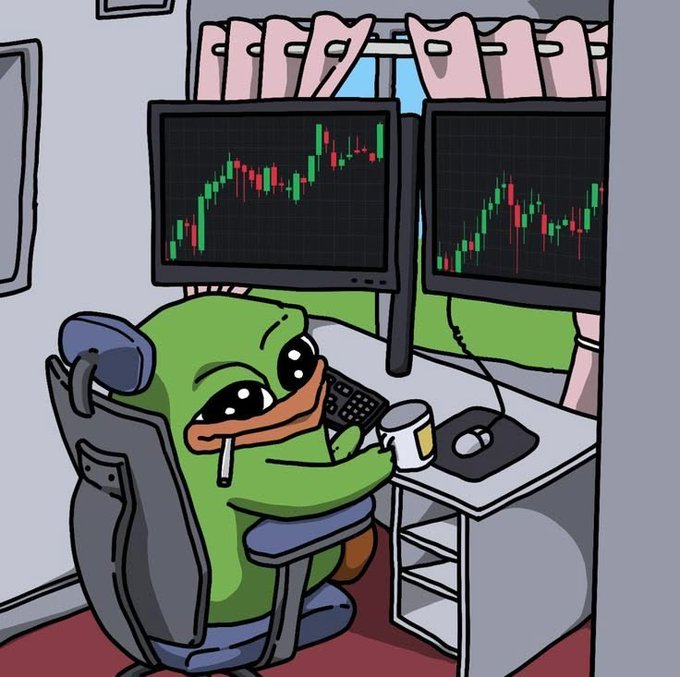 An illustrated cartoon of a green duck-like character smoking a cigarette while sitting at a desk with two computer monitors displaying green and red stock trading charts.