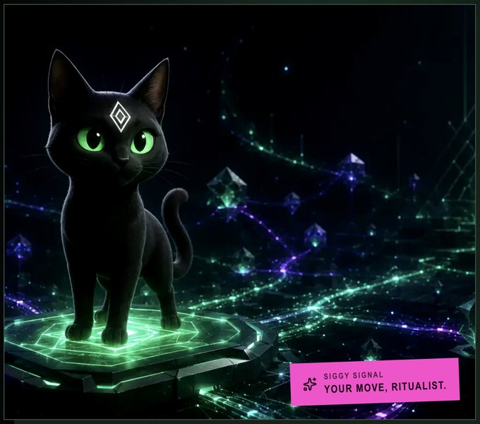 A digital artwork of a black cat with glowing green eyes and a diamond symbol on its forehead, standing on a glowing green platform amid a starry, cosmic background, with a pink tag reading "SIGGY SIGNAL - YOUR MOVE, RITUALIST."