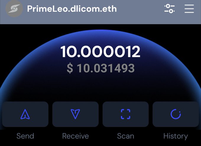 A mobile cryptocurrency wallet interface displaying an account named 'PrimeLeo.dlicom.eth' with a balance of 10.000012 (~$10.031493) and options for Send, Receive, Scan, and History.