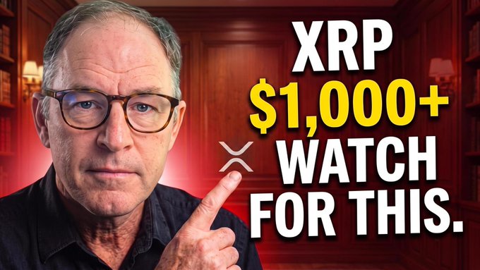 A thumbnail-style image features a man with glasses pointing upward next to bold yellow and white text reading "XRP $1,000+ WATCH FOR THIS." alongside the XRP logo, promoting a YouTube video about XRP's price potential and the Clarity Act's impact on crypto.