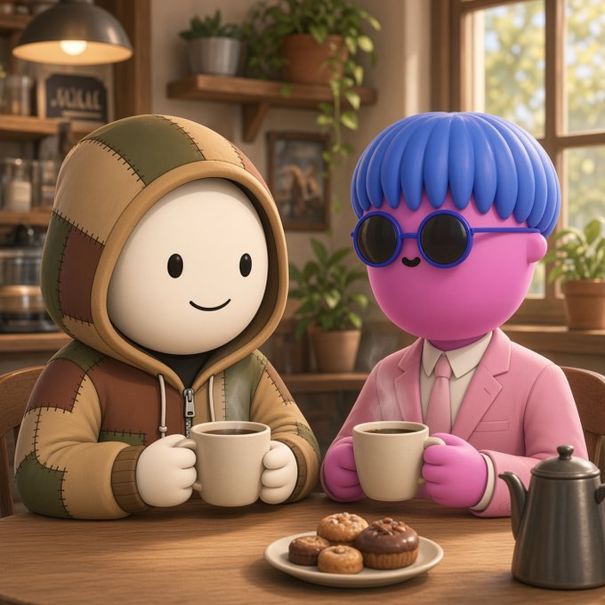 Two 3D cartoon-style characters, one wearing a beige hoodie and the other a pink suit with blue hair and sunglasses, sit at a wooden table enjoying coffee and pastries.