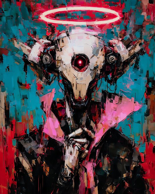 An expressive, abstract painting of a robotic figure with a glowing red halo above its head and a single red eye, set against a chaotic background of teal, red, and black brushstrokes.
