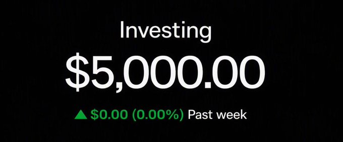 The image shows a simple investment display reading "Investing $5,000.00" with a "▲ $0.00 (0.00%) Past week" return indicator. It appears to be a manipulated or fabricated screenshot designed to mimic a legitimate brokerage portfolio view, using the $5,000 figure to support the accompanying post's claim about a "reserve fund" in what is likely a pump-and-dump stock scheme involving tickers $MSFT, $GOOGL, $AMZN, and $NVDA.