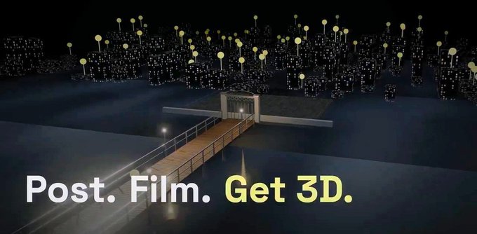 A stylized black-and-yellow 3D scene showing a bridge leading toward a distant gate or building in a dark, dotted landscape. Large text reads “Post. Film. Get 3D.”