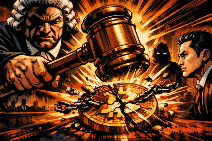 A dramatic comic-style illustration shows a stern judge wielding a massive gavel that shatters a Bitcoin symbol bound in chains, with Justin Sun depicted on the right and a shadowy figure lurking in the background, visually representing the SEC's legal crackdown on Sun's TRX and BitTorrent token scheme. The cracked coins and broken chains symbolize the regulatory blow to his crypto ventures.