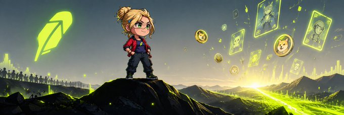 Digital artwork of a chibi-style character standing on a mountain peak with a crowd behind them, with green digital cards and coins floating to the right, alongside a logo on the left.