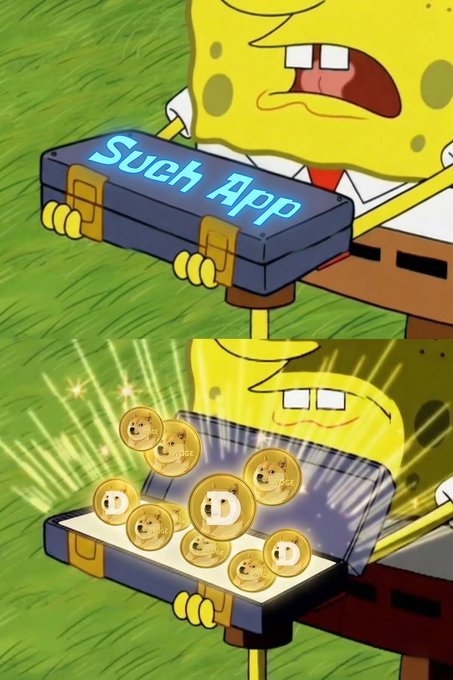 The image features a cartoon depiction of Spongebob Squarepants holding a blue box with gold coins inside, along with a sign that says "Such App". The text also mentions the launch of the House of Doge and @DogecoinFdn's direct-to-consumer $DOGE wallet. The post suggests that these new developments in cryptocurrency are driving real applications like the one depicted by Spongebob Squarepants, which is a humorous take on the concept of digital currency.