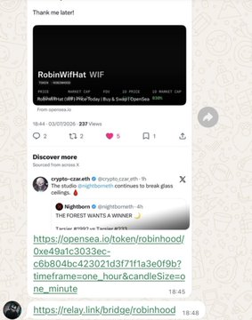The image shows a Telegram message preview of a crypto token called "$WIF" (RobinWiffHat WIF) on the Believe App, highlighting a 337% price increase with bonding curve data showing growth from approximately 16k to 209k on Uniswap v2. The post celebrates the user's brother calling the trade early, capturing a roughly 10x move as market cap climbed from 17k to 170k.