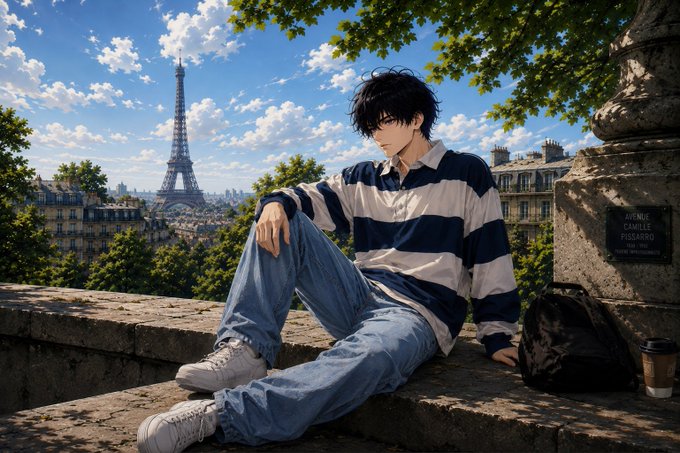 An anime-style illustration of a young man with dark hair wearing a striped shirt and jeans, sitting on a stone wall in Paris with the Eiffel Tower visible in the background.