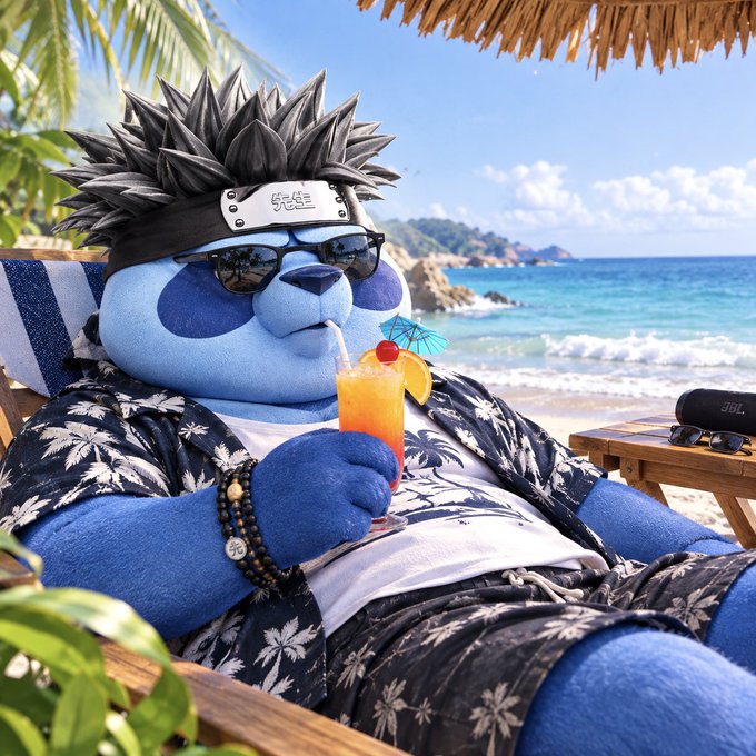 A fluffy blue panda character styled as the anime hero Rock Lee, complete with spiky black hair, ninja headband, and sunglasses, lounges in a beach chair sipping a tropical cocktail. The image plays off the "0.1 SOL to one follower" giveaway by using a fun, eye-catching character to encourage engagement in the comments.

Visible text/branding: **JBL** (on the speaker to the right).