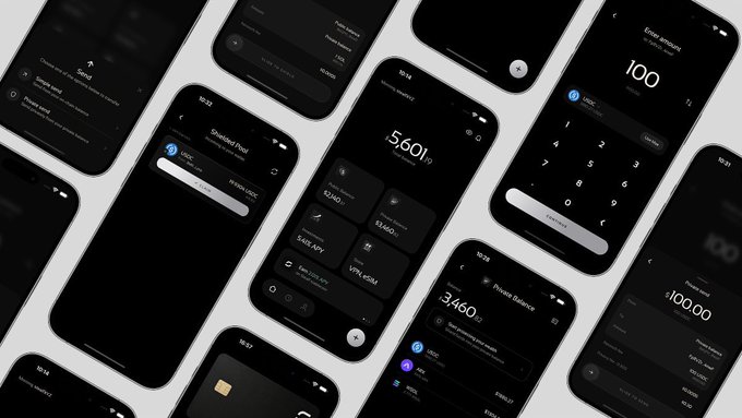 A grid of mockup smartphone screens displays a sleek, dark-themed crypto wallet app interface, featuring screens for "Shielded Pool" with USD amounts, a privacy dashboard showing "5,601 SOL," a spending balance of "3,460," an "Enter amount" screen with "100," and a transaction of "$100.00." The interface visually represents STEAL's offering of a shielded wallet and separate spending account, emphasizing onchain privacy through Arcium-powered confidential computing.