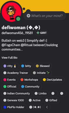 A Twitter/X profile page for 'defiwoman (◊,◊)' with handle defiwoman456_1981, showing GRIT affiliation, bio mentioning web3, Simplify DeFi, FogoChain, and Ritual believer, building communities, with category tags including ritty, bitty, Blessed, Academy Trainer, Initiate, Events, Workshops, DevUpdates, Official, Community, Indian Community, Limbo, Genesis 1000, Active, Gifted, and PloPlo Holder.