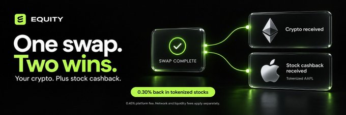 A promotional advertisement for an 'EQUITY' platform with the tagline 'One swap. Two wins. Your crypto. Plus stock cashback,' showing an Ethereum logo and Apple (AAPL) logo with the offer '0.30% back in tokenized stocks'.