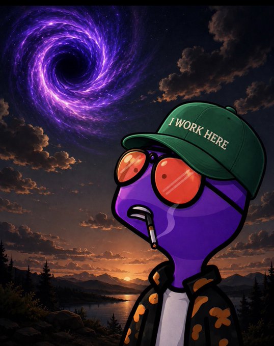 Digital art depicts a purple character wearing a green cap with 'I WORK HERE' written on it, red-tinted sunglasses, and a jacket with orange patterns, smoking a cigarette against a sunset landscape with a purple swirling vortex in the sky.