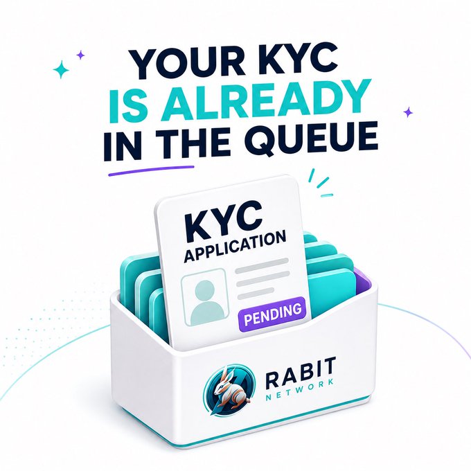 A promotional graphic for Rabit Network displays the headline "YOUR KYC IS ALREADY IN THE QUEUE" above an illustration of a white filing box holding teal folders, with the top folder showing a "KYC APPLICATION" labeled "PENDING," visually reinforcing the message that delayed KYC submissions are being held in queue rather than being rejected.