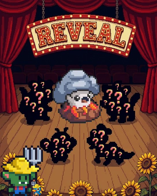 A pixel art scene with a red curtain, a 'REVEAL' marquee sign, a mushroom-like character in the center, surrounded by question-mark silhouettes, with a sunflower character at the bottom left.