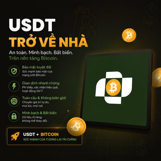 Promotional graphic with Vietnamese text "USDT TRỞ VỀ NHÀ" (USDT Coming Home), advertising USDT on the Bitcoin network with features like security and fast transactions.