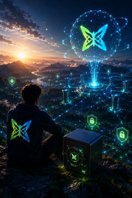 The image features a man sitting on a rock, looking at a box with a butterfly design on it. The man appears to be wearing a blue jacket or hoodie. The background of the image shows a cityscape with mountains visible through the clouds in the distance. There are also several other butterflies and a network of interconnected boxes scattered throughout the scene.

The post that this image is related to suggests that the man sitting on the rock might have encountered an issue, possibly involving security or privacy concerns. The butterfly design on the box could be a symbol for the problem he's facing, and the cityscape in the background may represent the interconnected nature of the issue. The post also mentions that @quipnetwork is spending years trying to solve this problem, which implies that it might be an ongoing challenge with no easy solution.