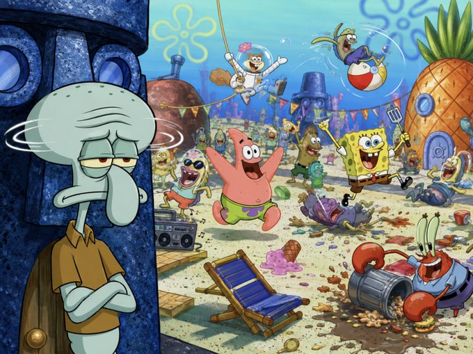 In a scene from SpongeBob SquarePants, a grumpy Squidward looks on while SpongeBob, Patrick, and their friends party wildly inside the Krusty Krab, juxtaposed with the post's warning that meme coin trading isn't for newbies or inexperienced investors, as they're likely at the tail end of the information gap.