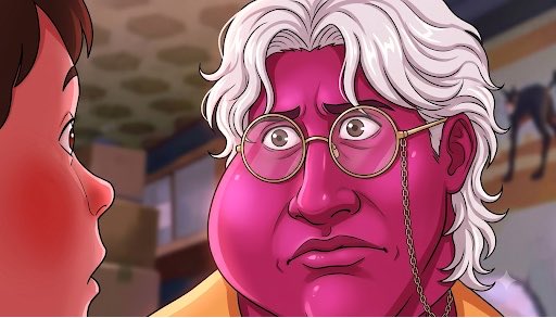 An animated/AI-generated image depicting a cartoon character with purple skin, white hair, glasses with a chain, and a monocle.