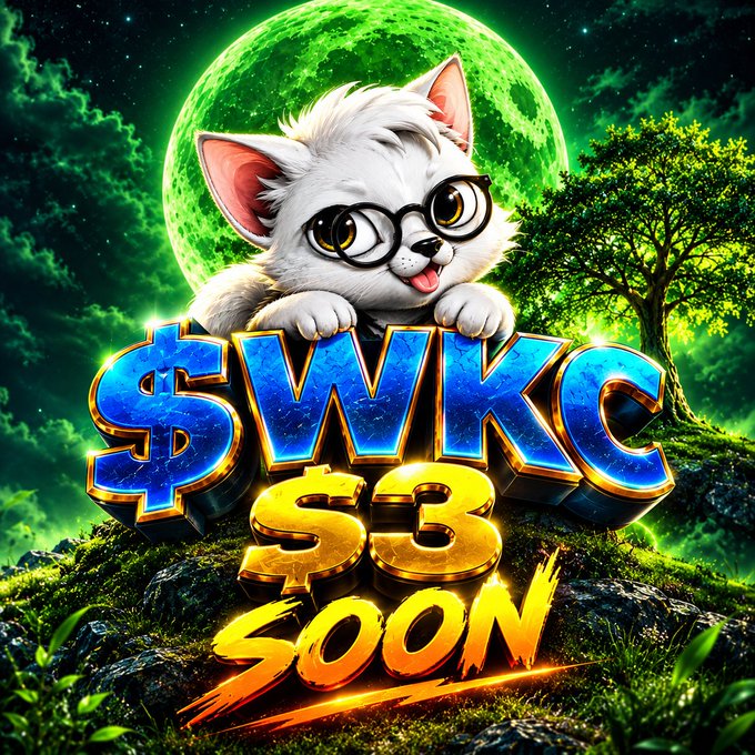 A digital promotional graphic features a white cartoon cat wearing glasses peeking over bold text that reads "$WKC $3 SOON" against a backdrop of a glowing green moon and night sky.