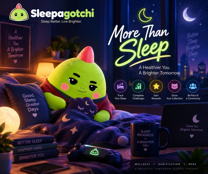 A promotional advertisement for 'Sleepagotchi' featuring a green mascot character holding a moon plushie in a cozy bedroom setting, with the tagline 'More Than Sleep' and 'A Healthier You. A Brighter Tomorrow.'