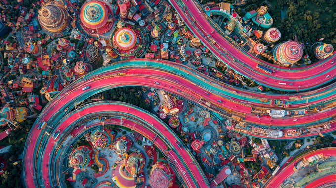 An aerial view of a vibrant, colorful amusement park featuring winding pink and teal roller coaster tracks, swirling rides, and dome-shaped structures, evoking a fantastical, almost dreamlike landscape that complements the playful, creative spirit of the NFT post shared on a Friday.