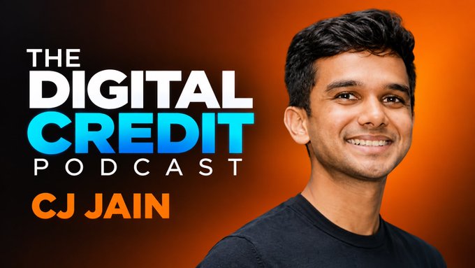 A podcast cover titled 'THE DIGITAL CREDIT PODCAST' featuring 'CJ JAIN' with a photo of a smiling young man in a black shirt against an orange gradient background.