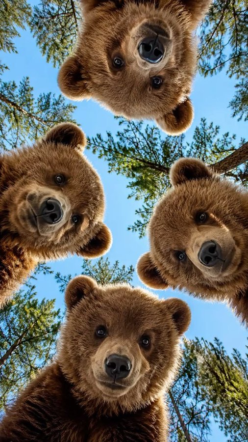 A low-angle view of four brown bears peering down at the camera from above against a backdrop of pine trees and blue sky.