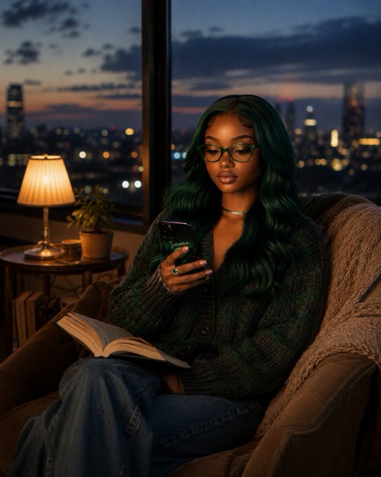 A young woman with flowing green hair and matching green-framed glasses relaxes in a cozy armchair by a window, holding her phone and a book as she gazes at the screen. The warm lamplight and city skyline at dusk create an intimate, dreamy atmosphere that mirrors the post's calm, optimistic tone about $KNOTS and $STONK holdings.