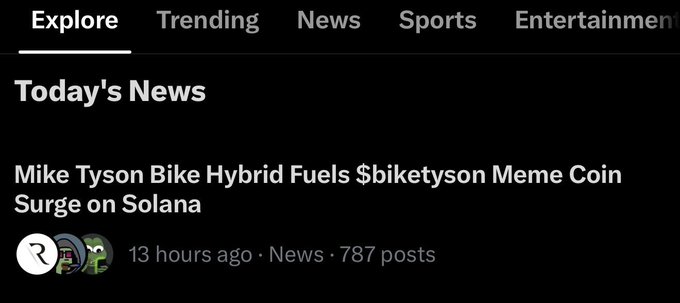 A news feed interface under the 'Explore' tab showing a headline that reads 'Mike Tyson Bike Hybrid Fuels $biketyson Meme Coin Surge on Solana', posted 13 hours ago with 787 posts.