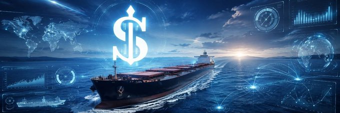 A stylized digital banner depicting a cargo ship at sea surrounded by holographic charts, a world map, and a large dollar sign graphic.