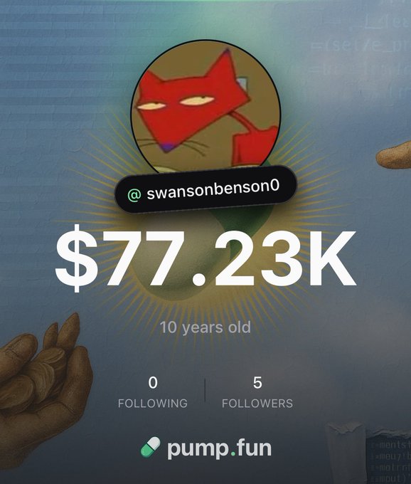 The image shows a pump.fun profile for "@swansonbenson0" displaying a market cap of "$77.23K" with 0 following and 5 followers, featuring a cartoon cat avatar in a red mask against a brick wall background. This directly promotes the user's new pump.fun trading account, matching the post's announcement about moving public trading to the platform.