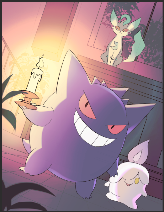 An illustration of a menacing purple Gengar with a wide grin, accompanied by a Leafeon on a windowsill and a small white ghost-like Pokémon at the bottom right.