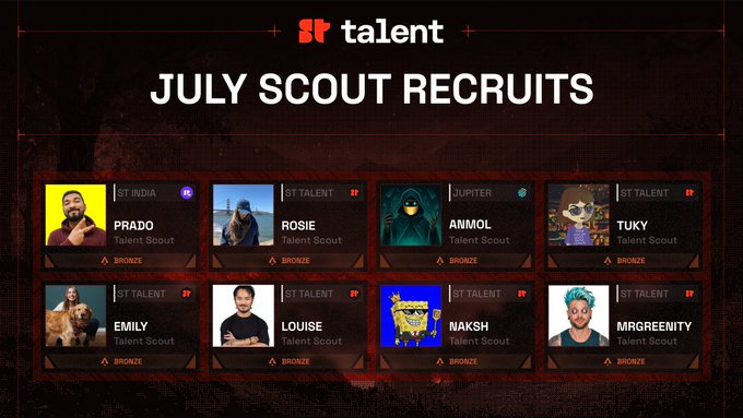 A graphic titled "JULY SCOUT RECRUITS" featuring eight player profiles including Prado, Rosie, Anmol, Tuky, Emily, Louise, Naksh, and MrGreenity, all with Bronze scout ranks.