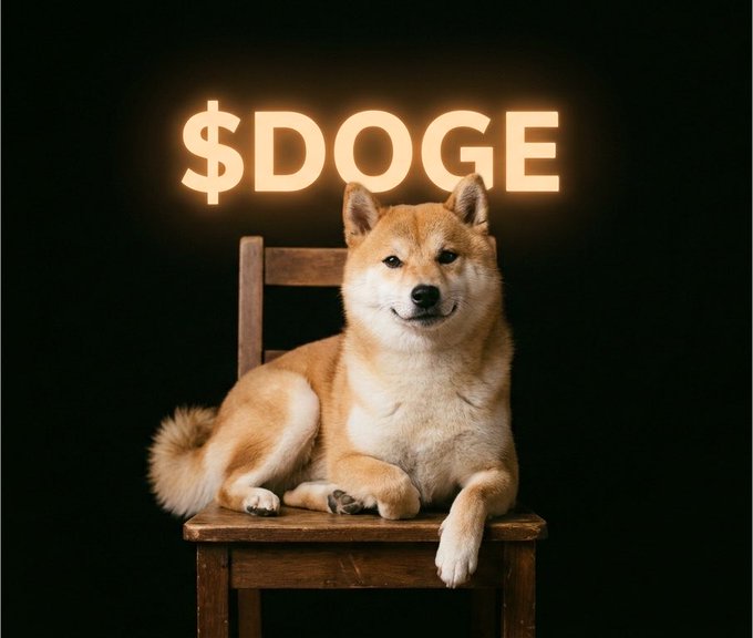 A Shiba Inu dog lounges on a wooden chair beneath a glowing "$DOGE" sign, embodying the classic Dogecoin mascot in a regal pose. The image perfectly complements the "gm $DOGE believers" post, projecting confident bullish energy for the Dogecoin community.
